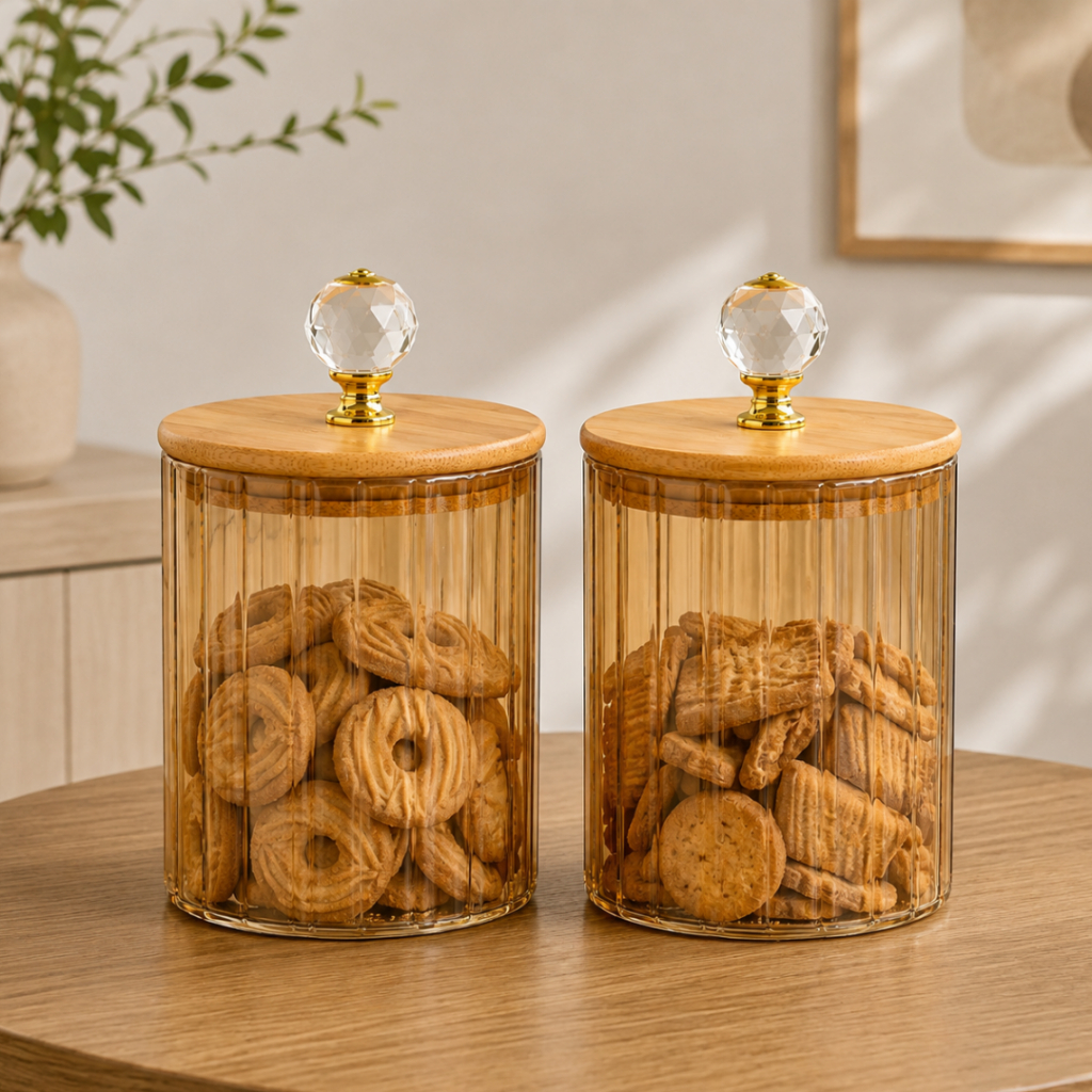 Pote Vidro hermético canelado âmbar 500ml Tampa de bambu luxo porta bolachas biscoitos cantinho do café