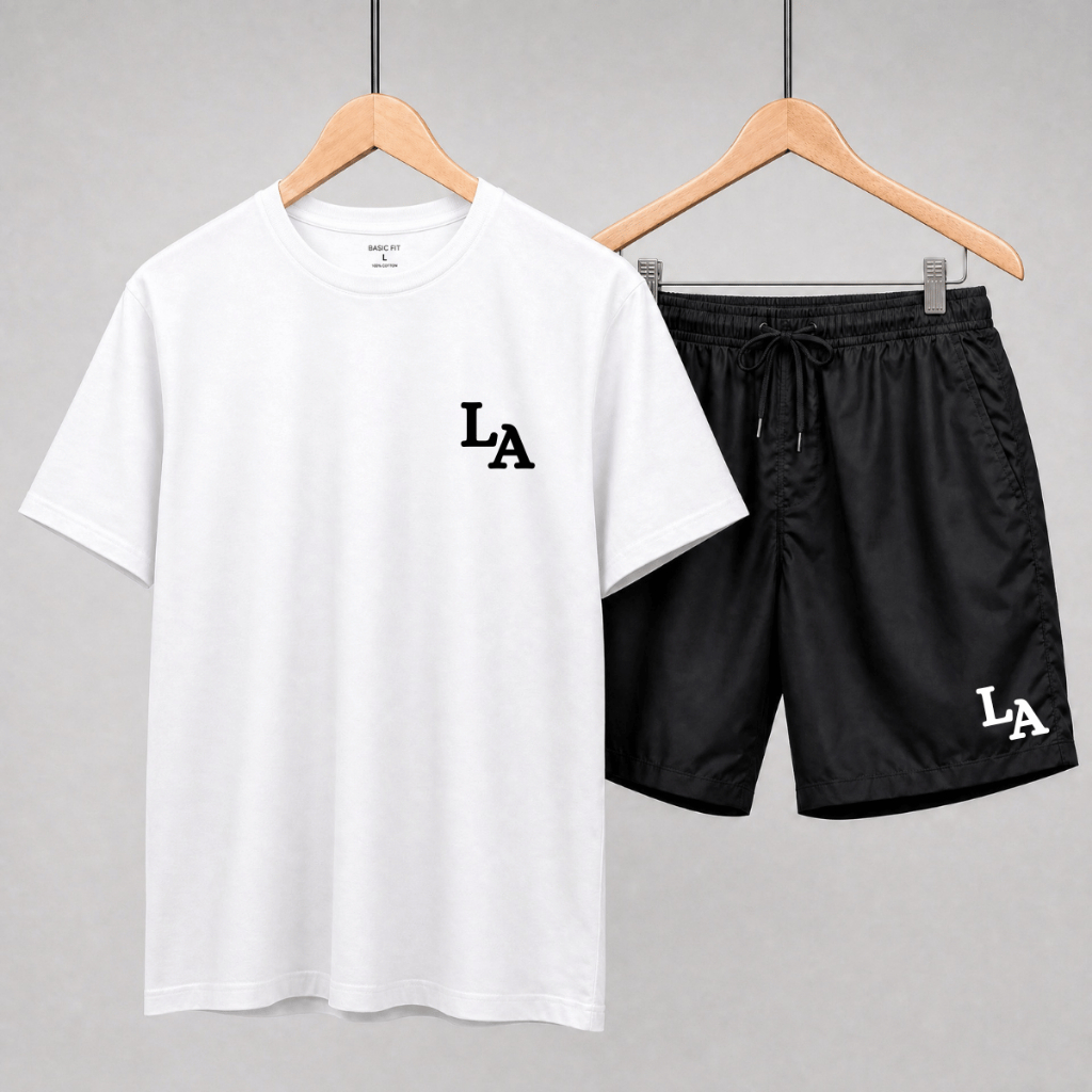 Conjunto Masculino Camiseta + Short Bermuda Tactel Praia Moda Casual Academia Mauricinho Los Angeles