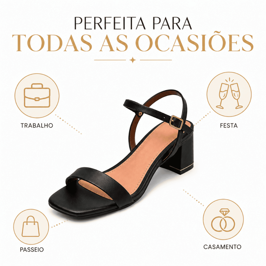 Sandália Feminina Salto Bloco 3cm Confortável Bico Quadrado Fivela Ajustável Antiderrapante 34 a 39