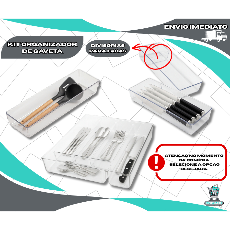 Organizador Porta Utensílios Grande Acrílico Transparente Gaveta Cozinha Porta Talher Porta Facas Resistente