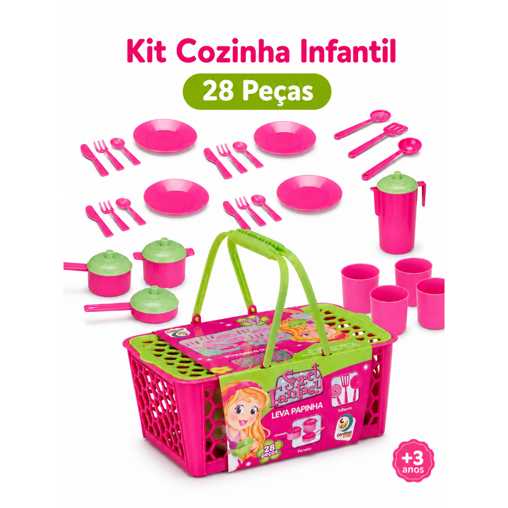 Leva Papinha Cardoso Toys Kit Cozinha Infantil 28 Peças Cesta Panelinhas Rosa +3 Anos