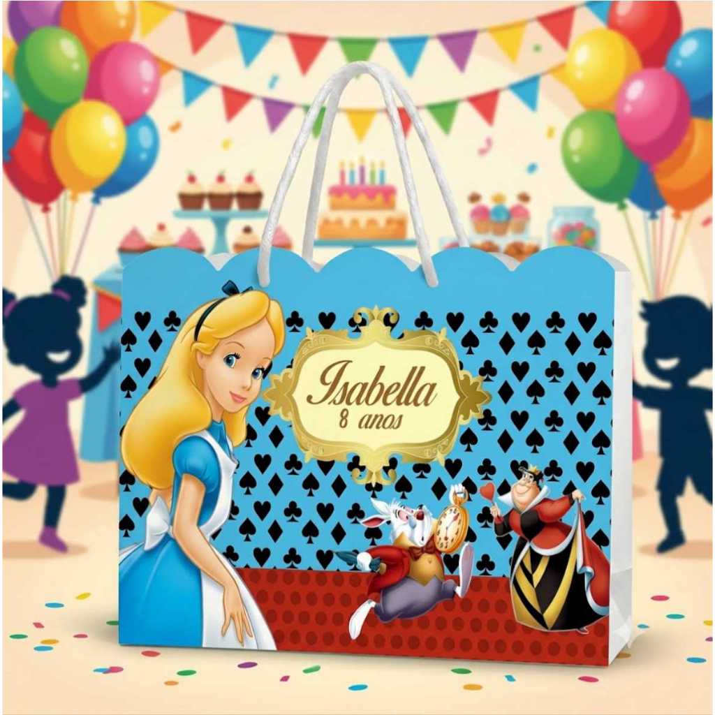 Sacolinha Ondulada Alice no Pais das Maravilhas Personalizada com Nome e Idade (20x15x5) PEGUE E MONTE Kit Festa Infanti