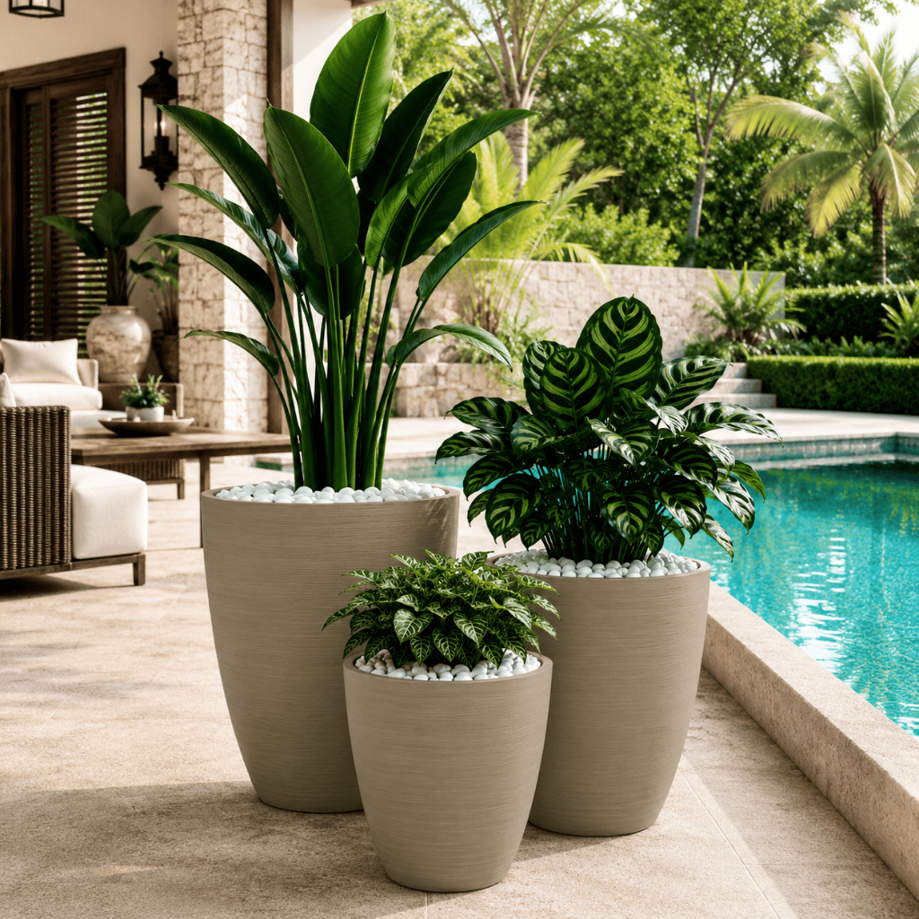 Kit Conjunto 3 Vasos para Plantas e Flores Grande Coluna Escovado Moderno Luxo P+M+G Polietileno Decorativo Sala Jardim