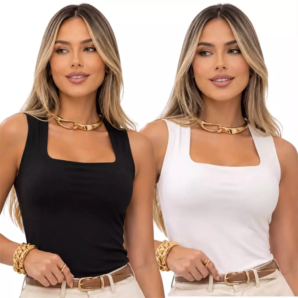 kit 2 Blusa Regata Feminina Decote Quadrado Básica Moda Elegante Blusinha Suplex Forro Academia Social