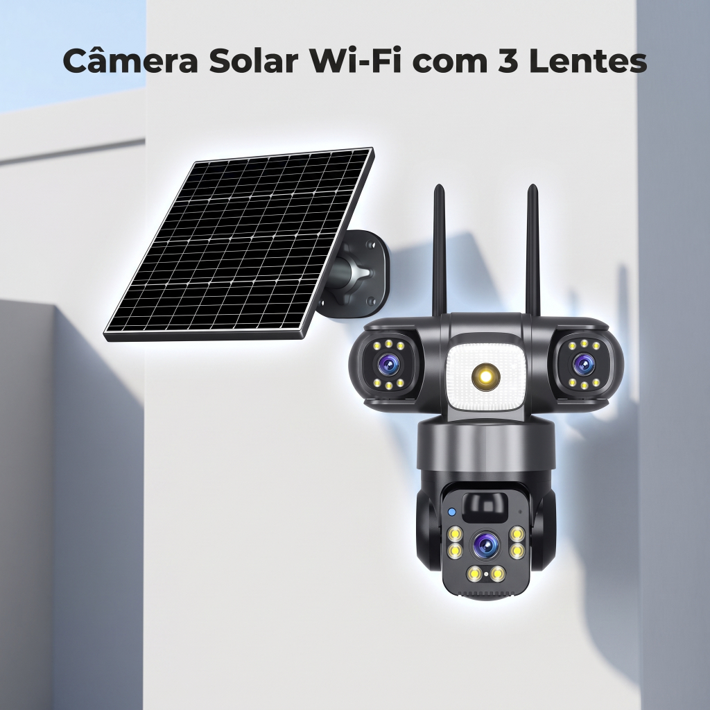 Câmera de Segurança Solar Wi-Fi 3 Lentes com Visão Noturna e Monitoramento pelo Celular para Área Externa