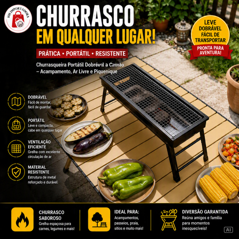 Churrasqueira Portátil Dobrável A Carvão - Acampamento Churrasco ao Ar Livre e Piquenique