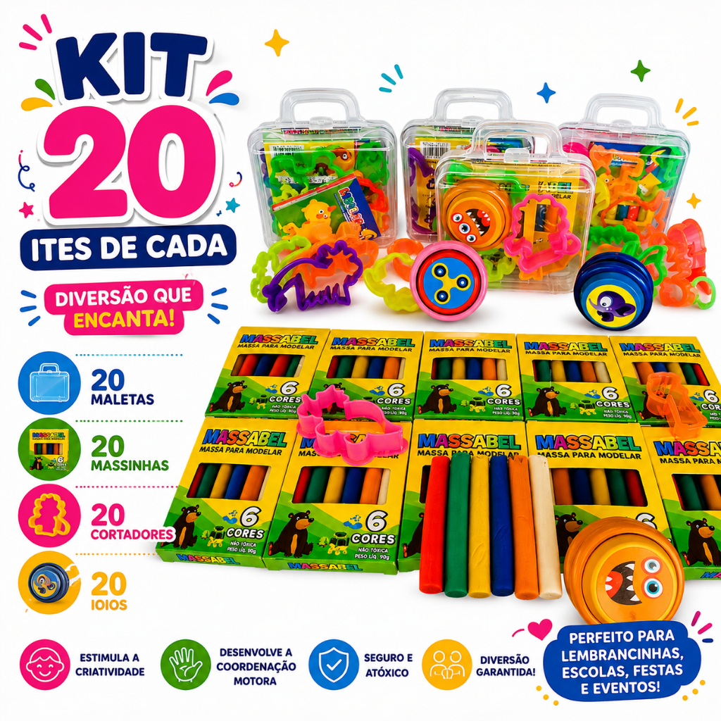 20 Maleta Acrilica + 20 Cortador + 20 Cxs De Massinha De Modelar +20 Ioio Festa