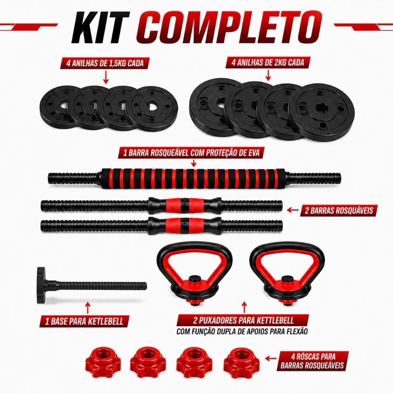 Kit de Halteres e Anilhas 15kg com Kettlebell 6 em 1 para Academia — foto 3