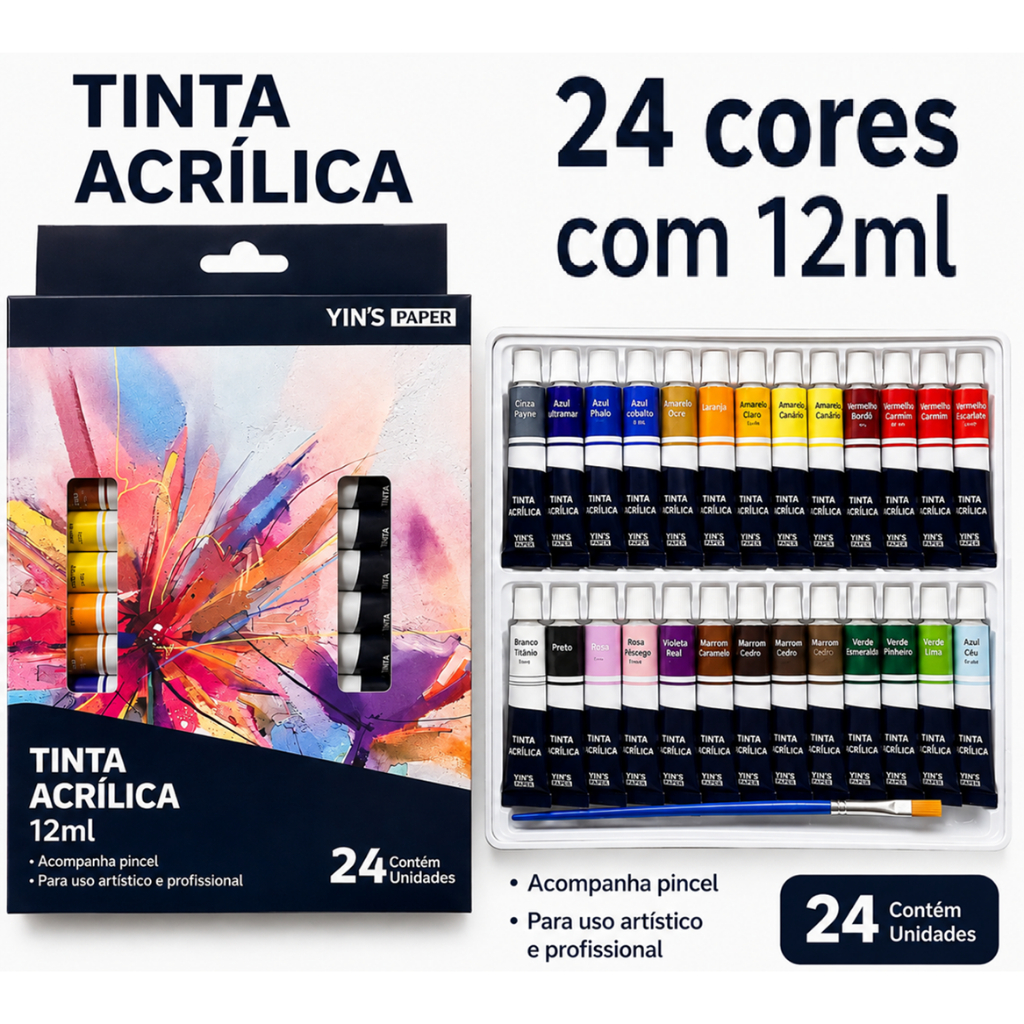 Tinta a Óleo  Estojo 12 Cores  e 12 ml Bisnaga Alta Qualidade Para Pintura./Tinta Acrílica 24 cores 12 ml