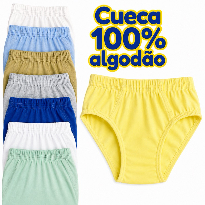 Cueca Infantil Algodão Menino Slip com forro Conforto Kit 12 - 6 cuecas 100% algodão lisas PP P M G.