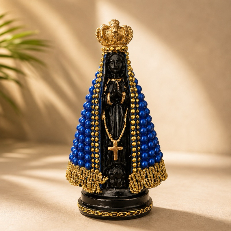 Imagem Nossa Senhora Aparecida 15cm com Pérolas e Strass – Pintura Resinada para Abençoar Seu Lar
