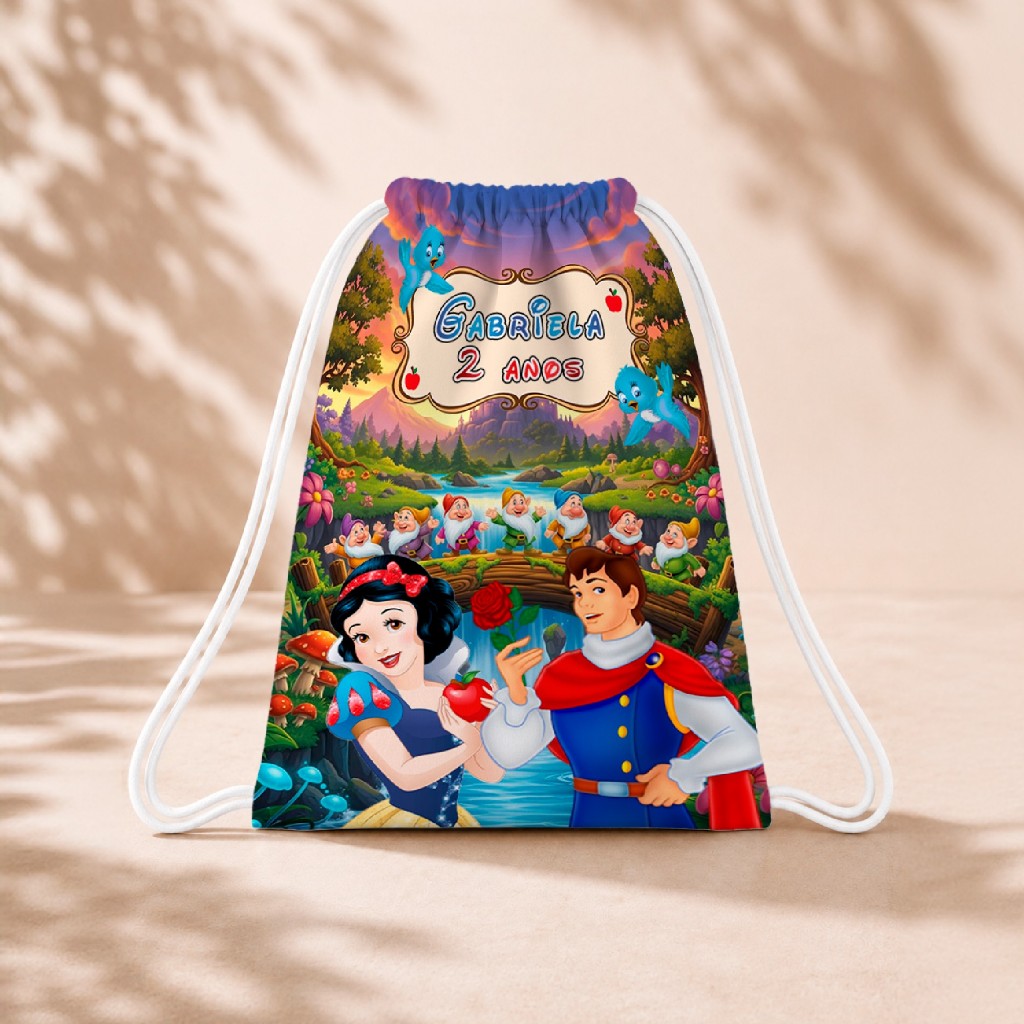 10 Mochila Personalizada Infantil 18x26 Sacolinhas Surpresa Festa Aniversário Lembrancinha Branca de Neve M2