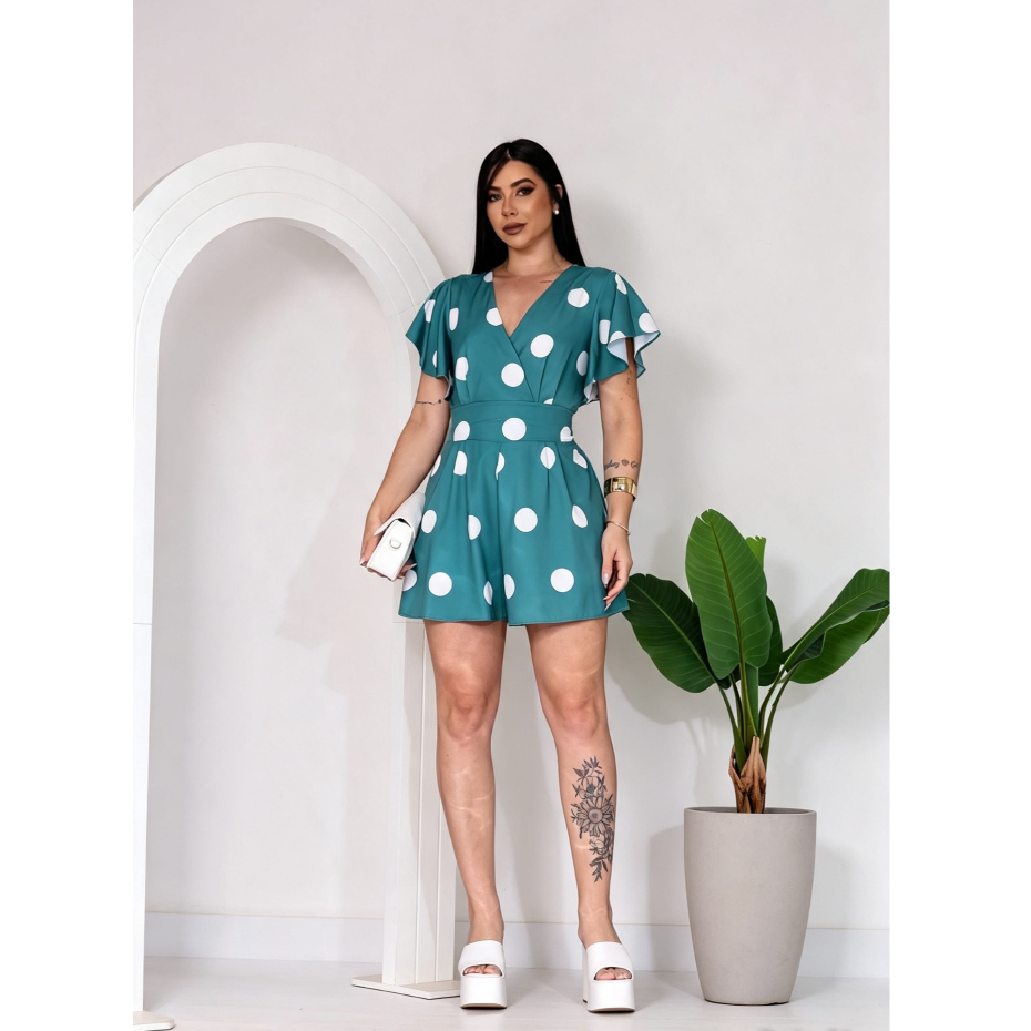 Macaquinho Feminino Estampado Poá Bolinhas Manga Babado V Estilo Casual