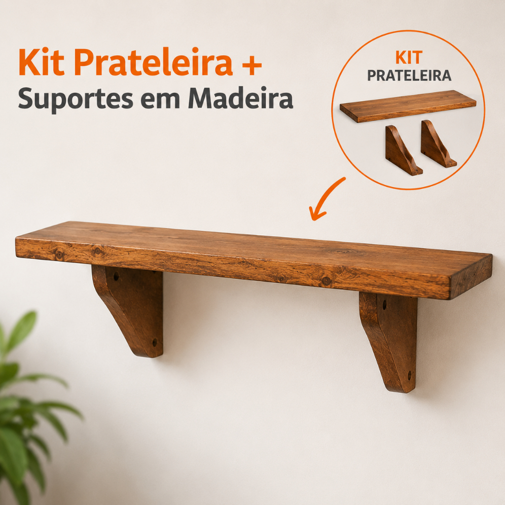 Prateleira de Madeira Rústica com Suporte Decorativo 50 cm Ideal para Sala, Quarto, Cozinha e Banheiro e decoraçoes