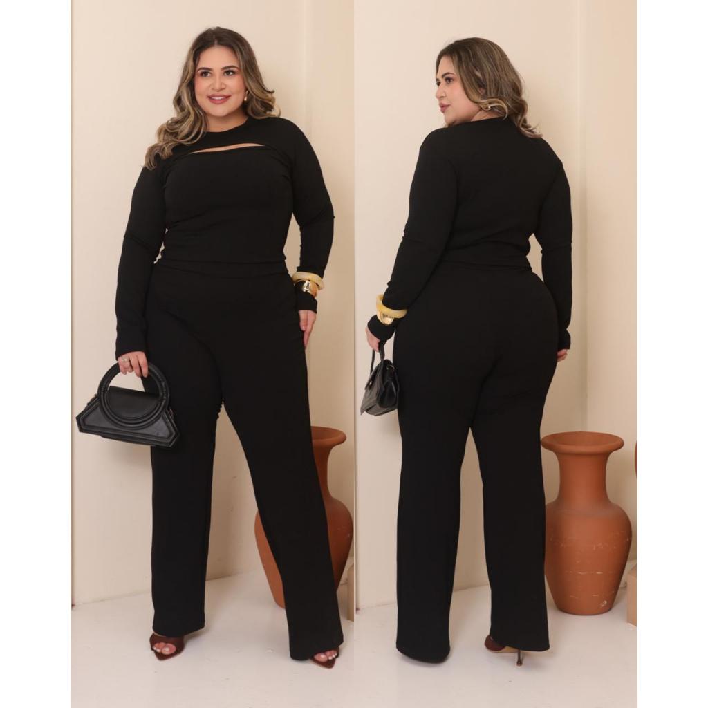 Conjunto Feminino Plus Size Cropped Decote Vazado Manga Longa Calça  Cintura Alta Canelado Inverno GG G1 G2