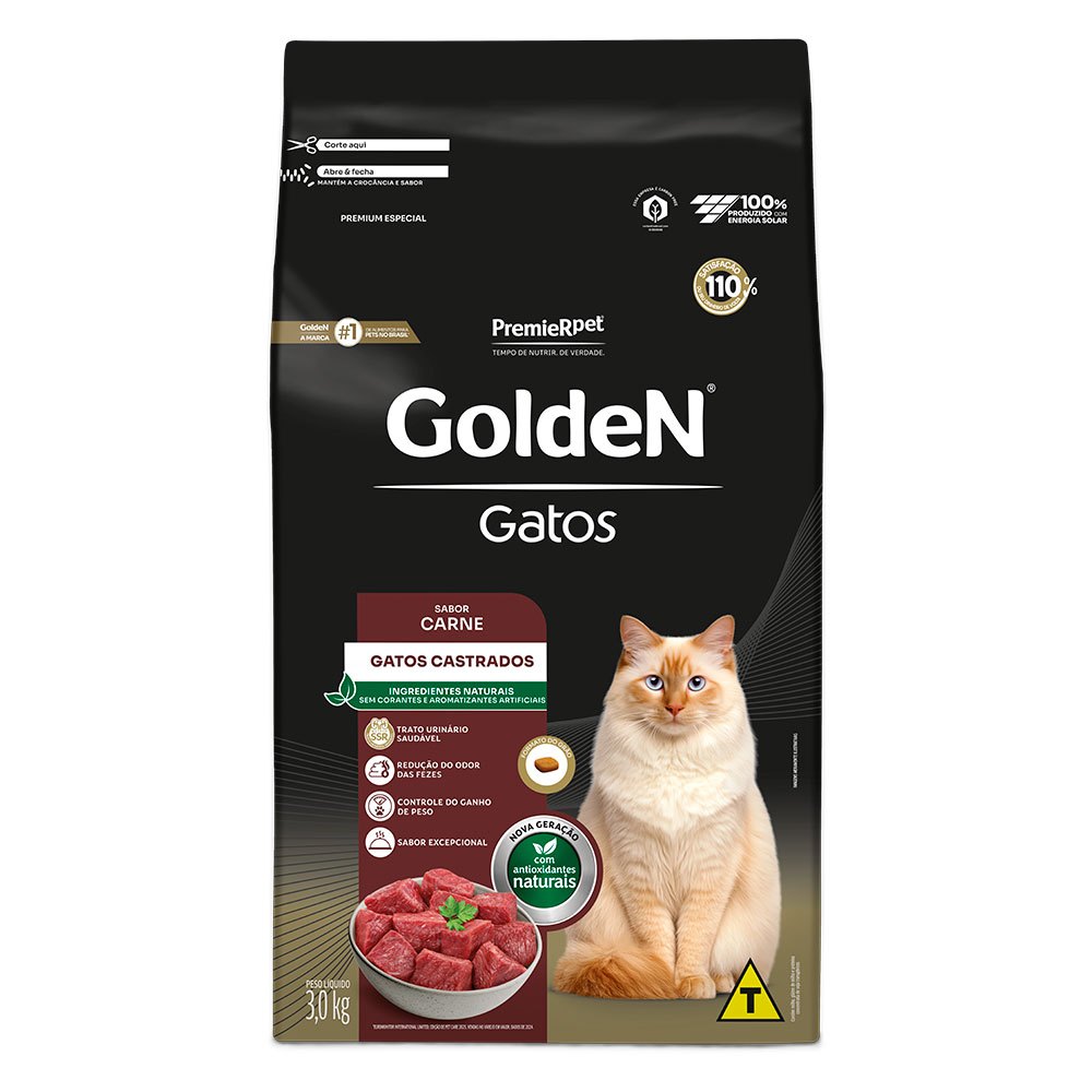 Ração Golden Para Gatos Adultos Castrados Sabor Carne 3Kg