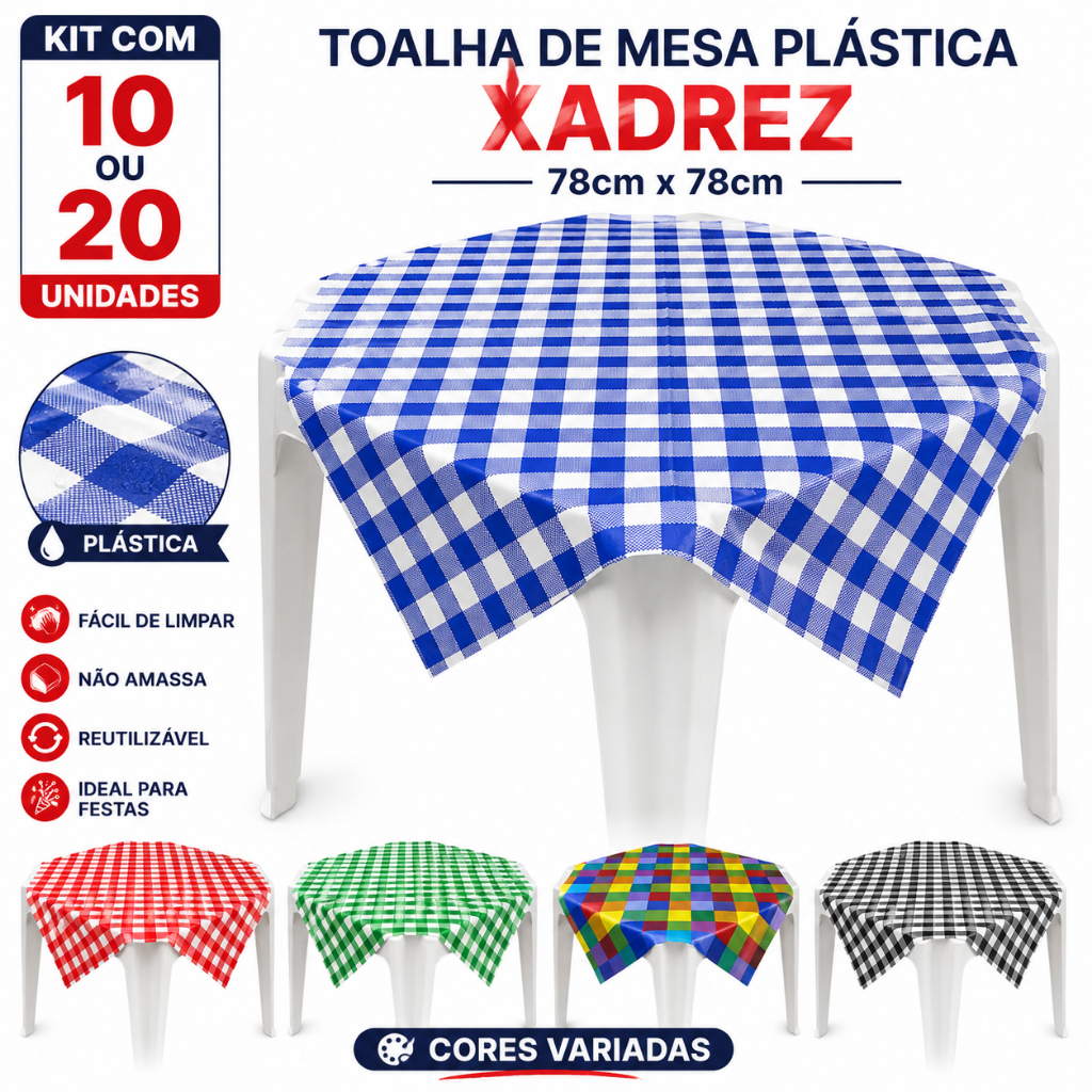 Kit 10 a 20 Toalhas Xadrez Plástica 78x78cm Cobre Manchas Piquenique Festa Junina Não Voa