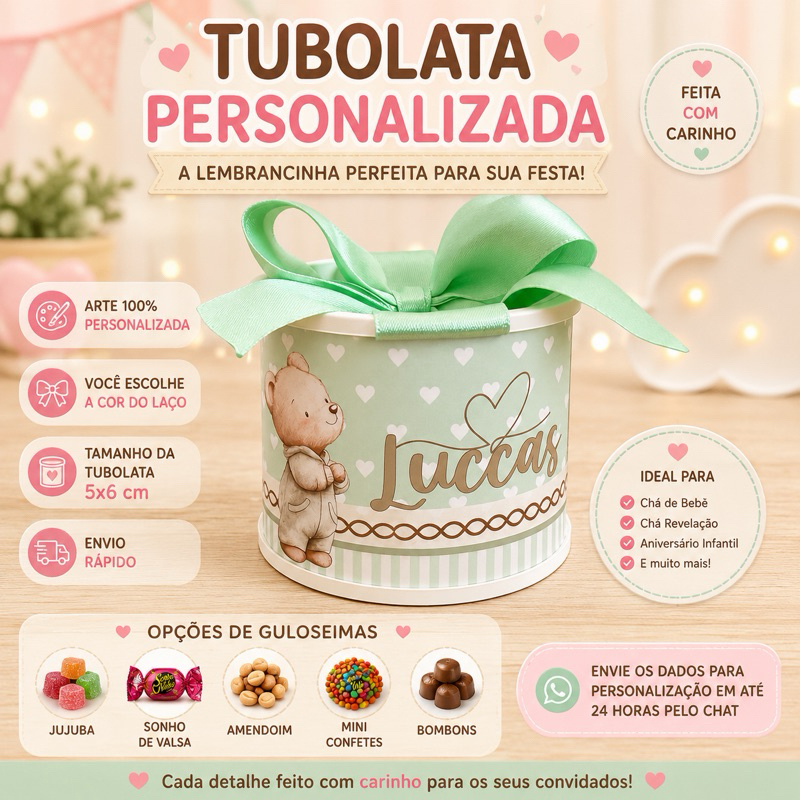 Kit Tubolata Personalizada 5x6 | Lembrancinha | Chá Revelação | Chá de Bebê | Aniversário Infantil | Batizado | Ursinho