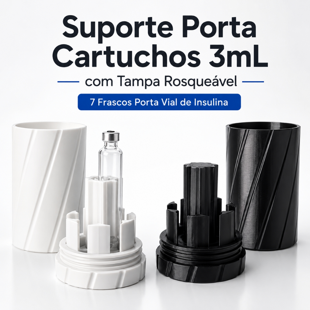 Suporte Porta Cartuchos 3mL com Tampa Rosqueável | 7 Frascos Porta Vial de Insulina