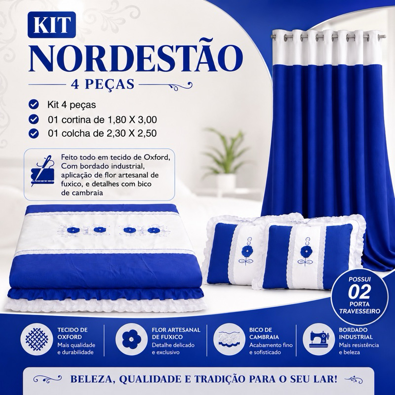 Colcha Casal com Cortina Bordado Kit Completo de Oxford — imagem 2 de 2