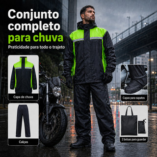 Conjunto Impermeável Motociclista com Viseira Refletivo e Calça Anti-Chuva