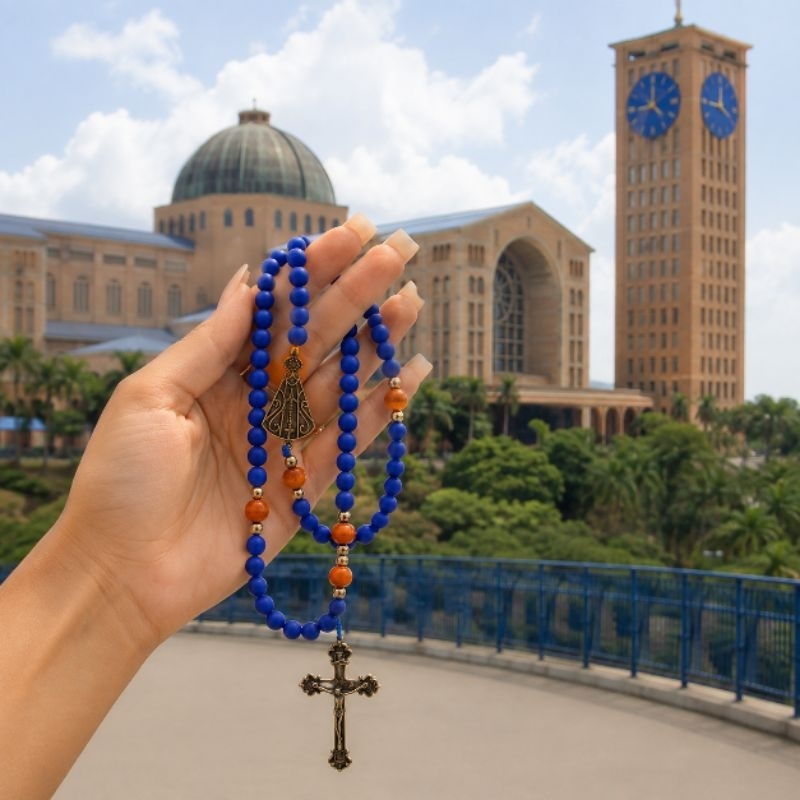 Terço Nossa Senhora Aparecida Emborrachado azul/ metal bronze presente, lembrança, religioso, batizado, oração