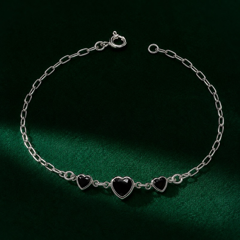Pulseira Feminina Corações Ônix Prata 925 Delicada