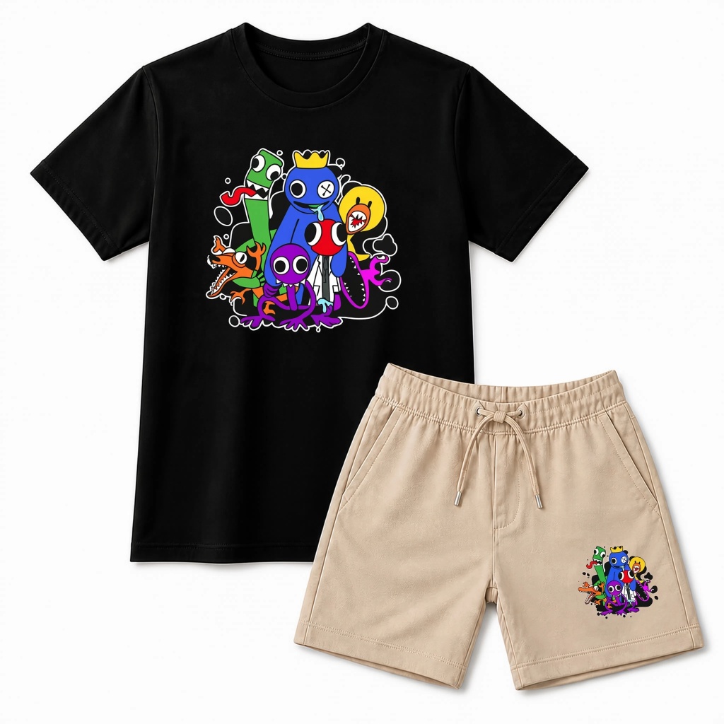 Kit Infantil Rainbow Roblox Friends Camiseta Estampada + Bermuda Menino Conjunto Casual Premium