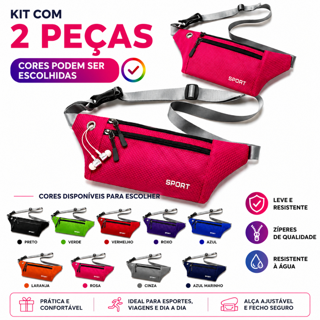 Kit 2 Pochetes Esportivas Impermeáveis com Zíper Duplo Ajustável para Corrida Caminhada Academia