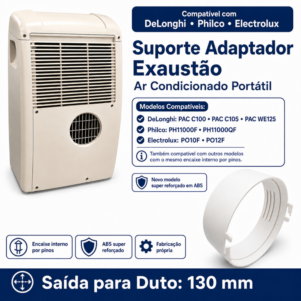 Adaptador Exaustão Ar Portátil Compatível DeLonghi Philco Electrolux Duto 130mm ABS