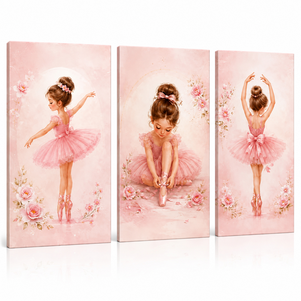 Kit 3 Quadros Bailarina Infantil Rosa Flores Decoração Quarto Menina Bebê 20x30 a 40x60