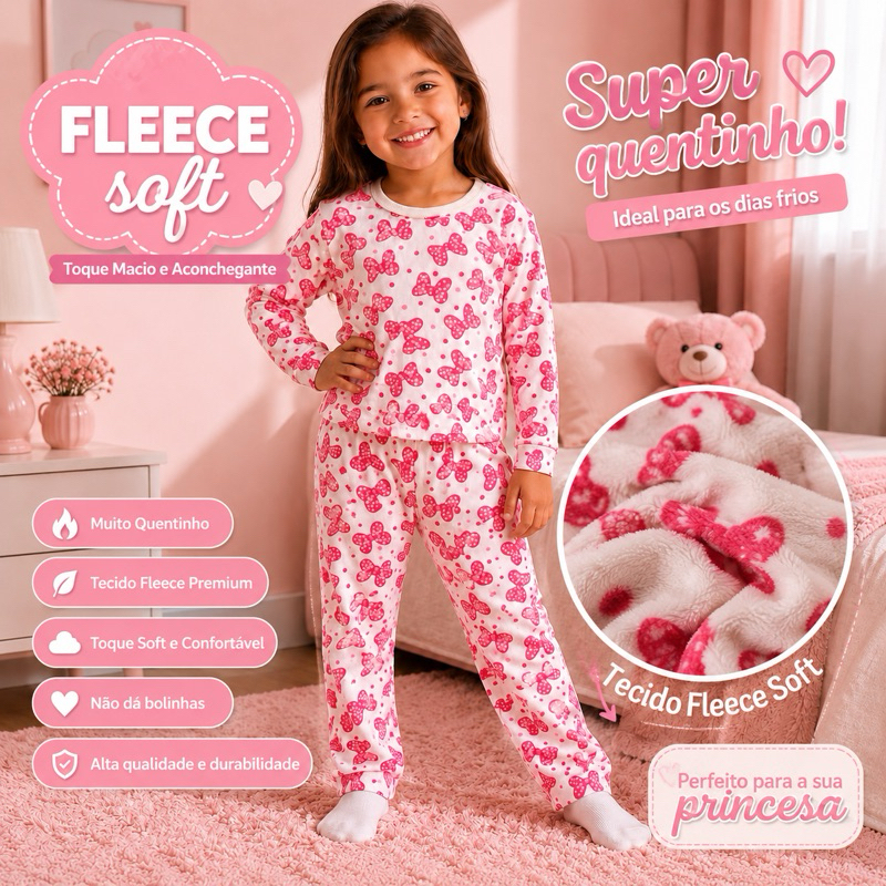 Pijama Infantil Fleece Soft Menina Peluciado Quentinho Inverno Conjunto Manga Longa