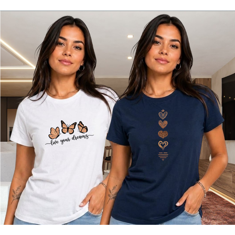 Kit 2 Camiseta Feminina Estampada T-Shirt 100% Algodão Blusa Moderna Confortável Estilosa Tendência Básico Casual