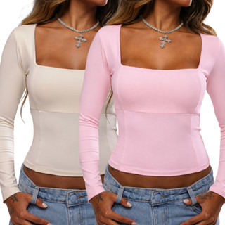Blusa Poliamida Feminina Manga Longa Decote Quadrado Forrada Sem Bojo