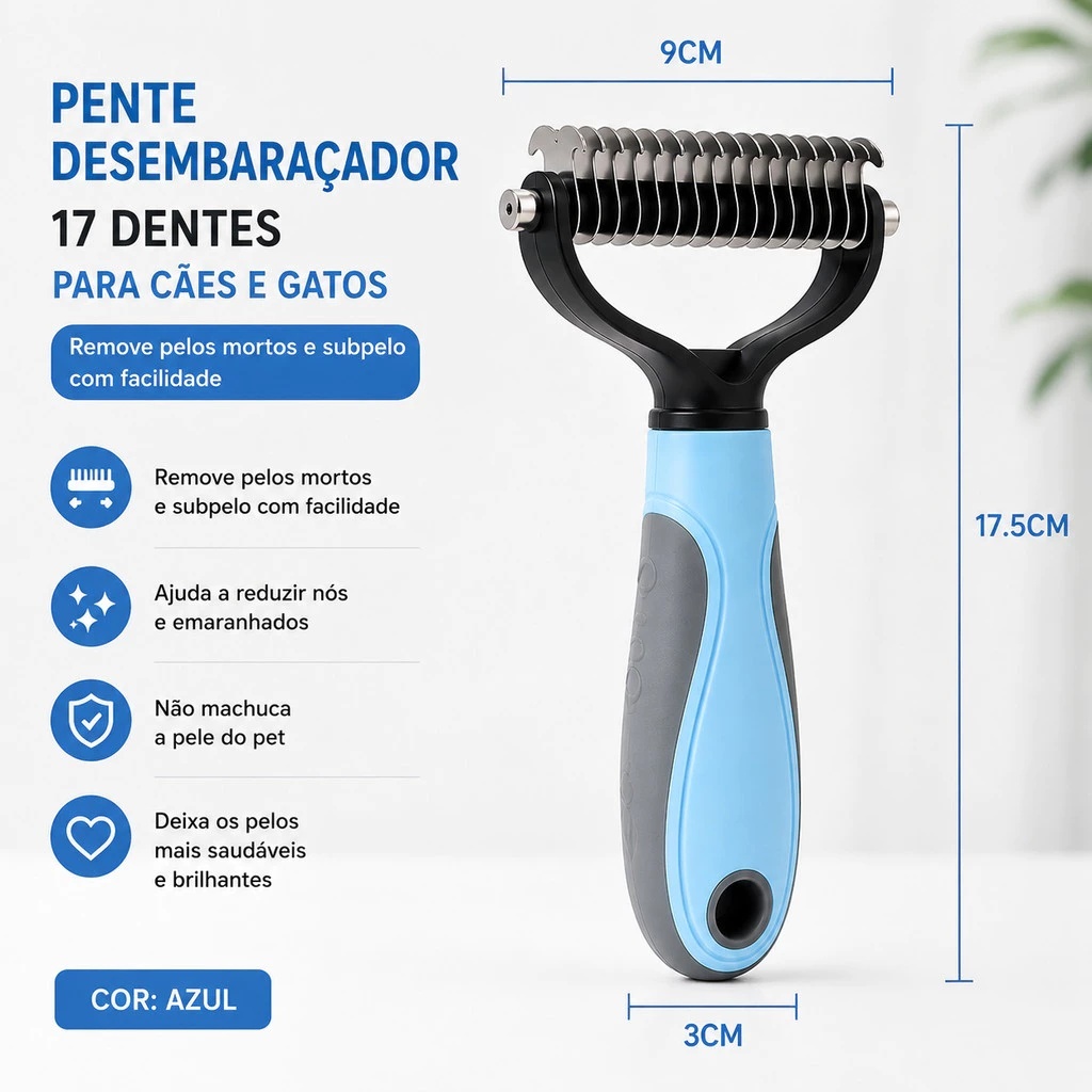 Pente Desembaraçador Pet 17 Lâminas Removedor de Pelos e Nós para Cães e Gatos