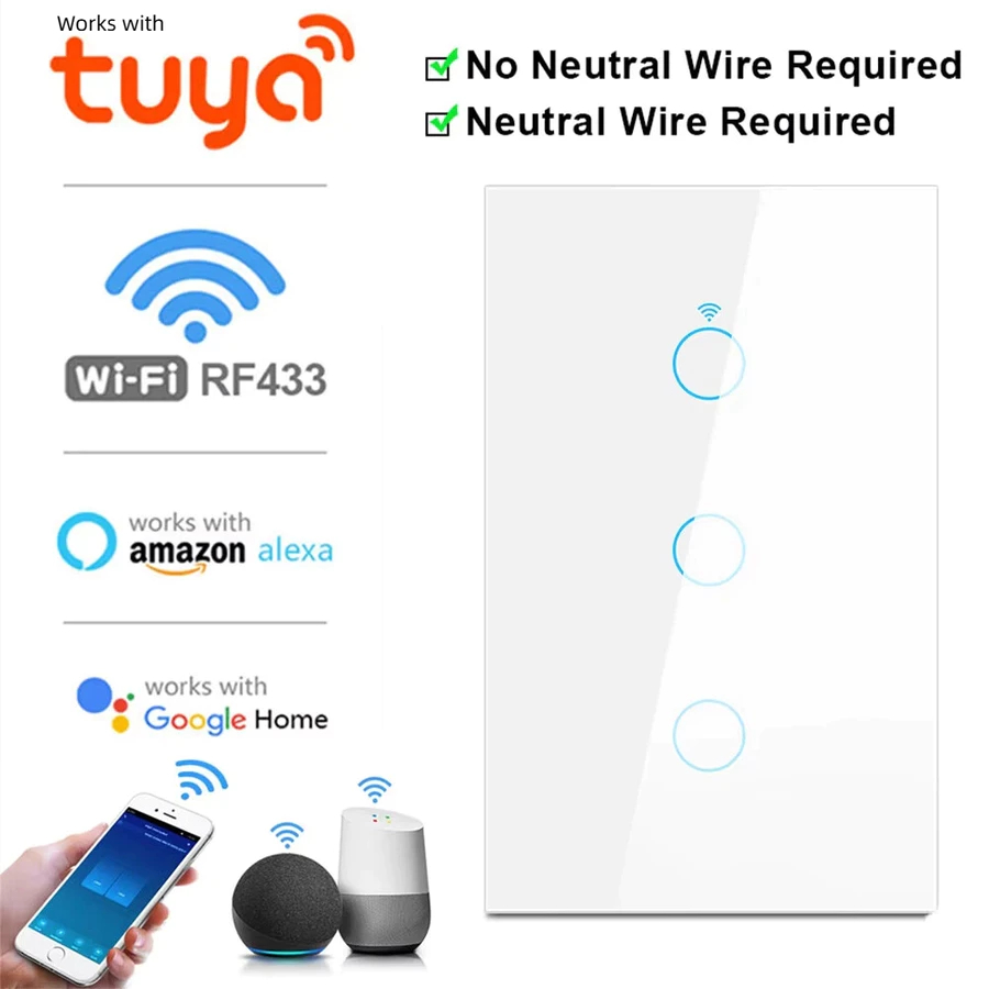 Interruptor Inteligente Wi-fi Nova tuya Touch Switch 1/2/3 Botões branco/preto