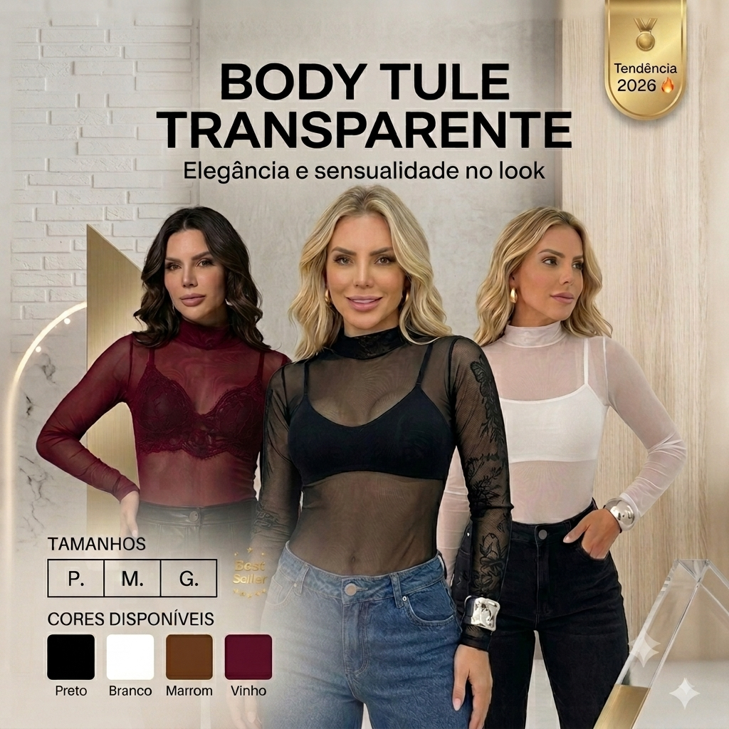 Kit 3 Peças Body de Tule Sensual com Modelagem Ajustada para Eventos e Festas