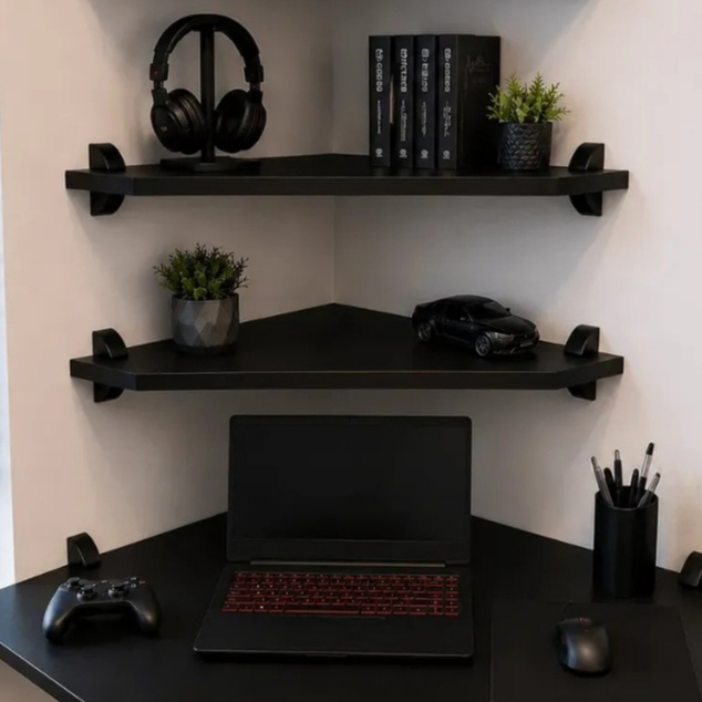 Escrivaninha Mesa Canto Suspensa Gamer 3 Prateleiras Home Office Computador Notebook Quarto Escritório Preta MDF