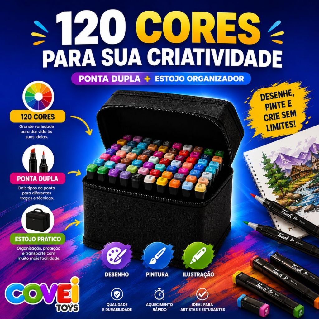 Kit 120 Canetas Coloridas Ponta Dupla Marcadores Artísticos com Estojo para Desenho Pintura