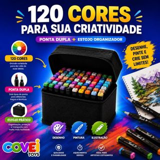 Kit 120 Canetas Coloridas Ponta Dupla Marcadores Artísticos com Estojo para Desenho Pintura