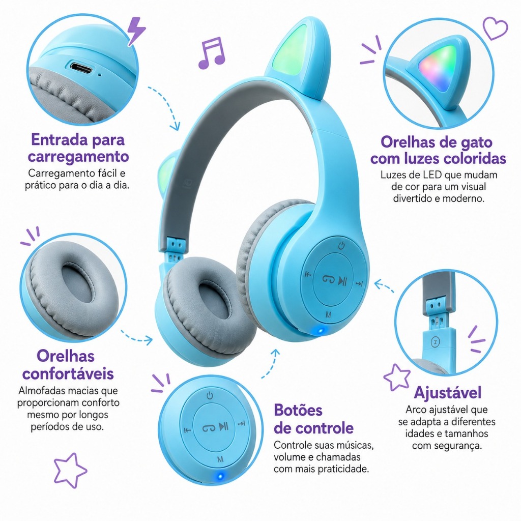 Fone Orelha Gatinho infantil Bluetooth Sem Fio LED Colorido Dobrável Recarregável Headphone — imagem 2 de 2