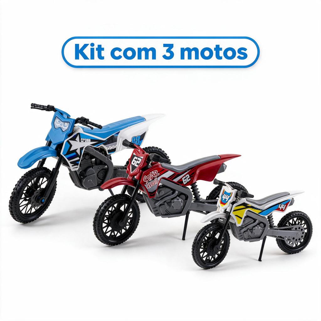 Kit com 3 Moto Cross De Brinquedo Grande 38cm Motinha Realista Presente Dia Das