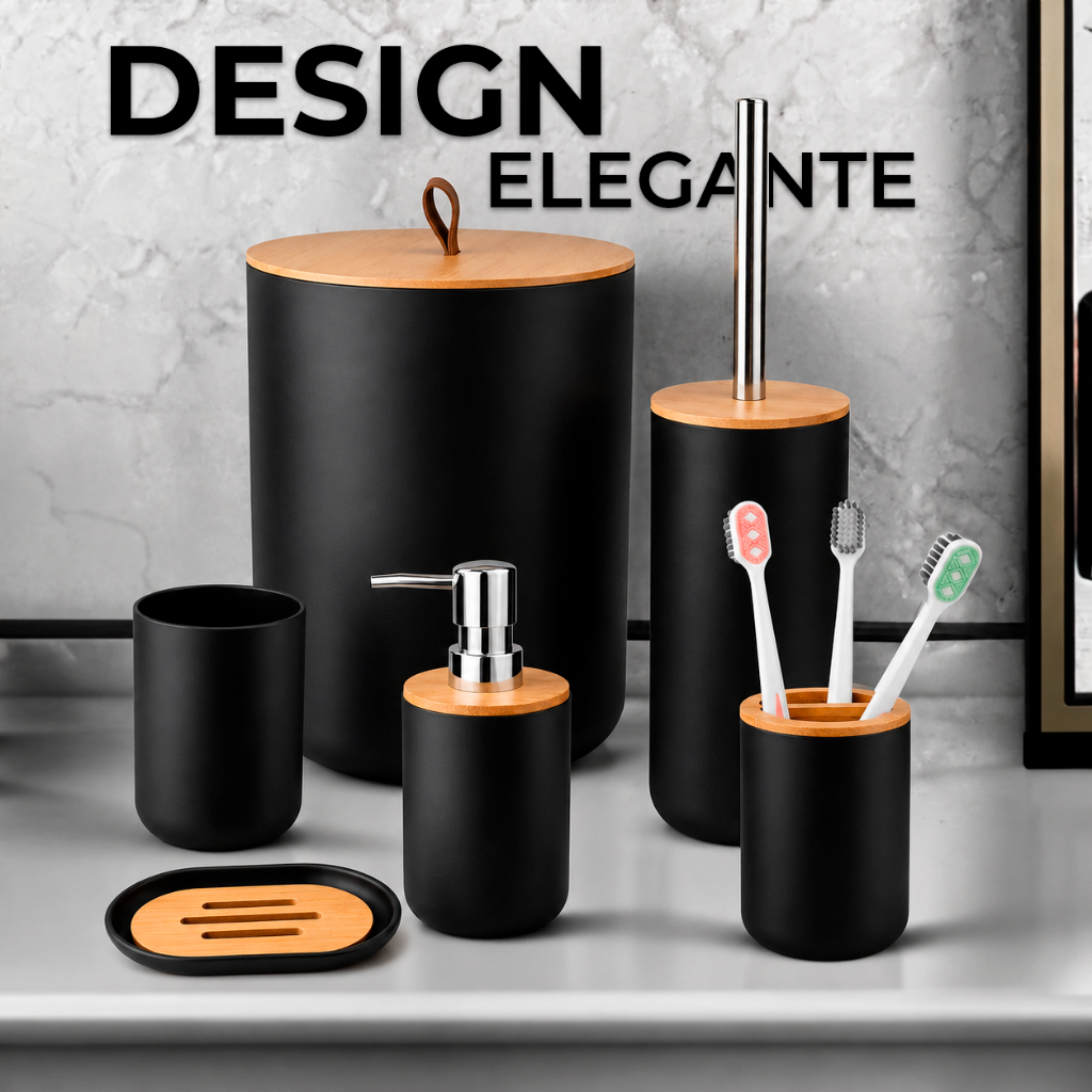 Kit 6 Peças Banheiro Lavabo Conjunto Acessórios lixeira escova Bambu Luxo Preto/Branco
