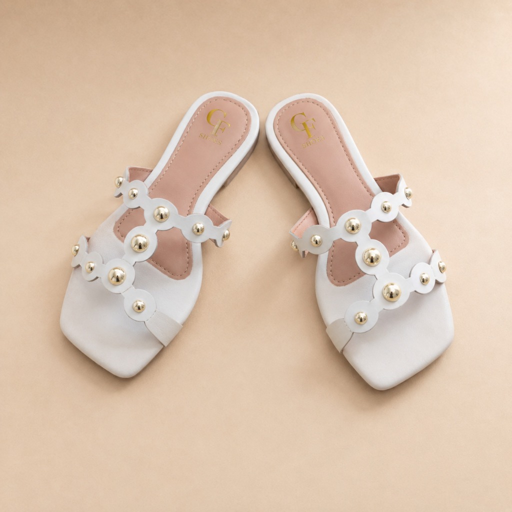 Sandália Feminina Rasteira com Aplicações Douradas Confortável Elegante Bico Quadrado Moda Feminina