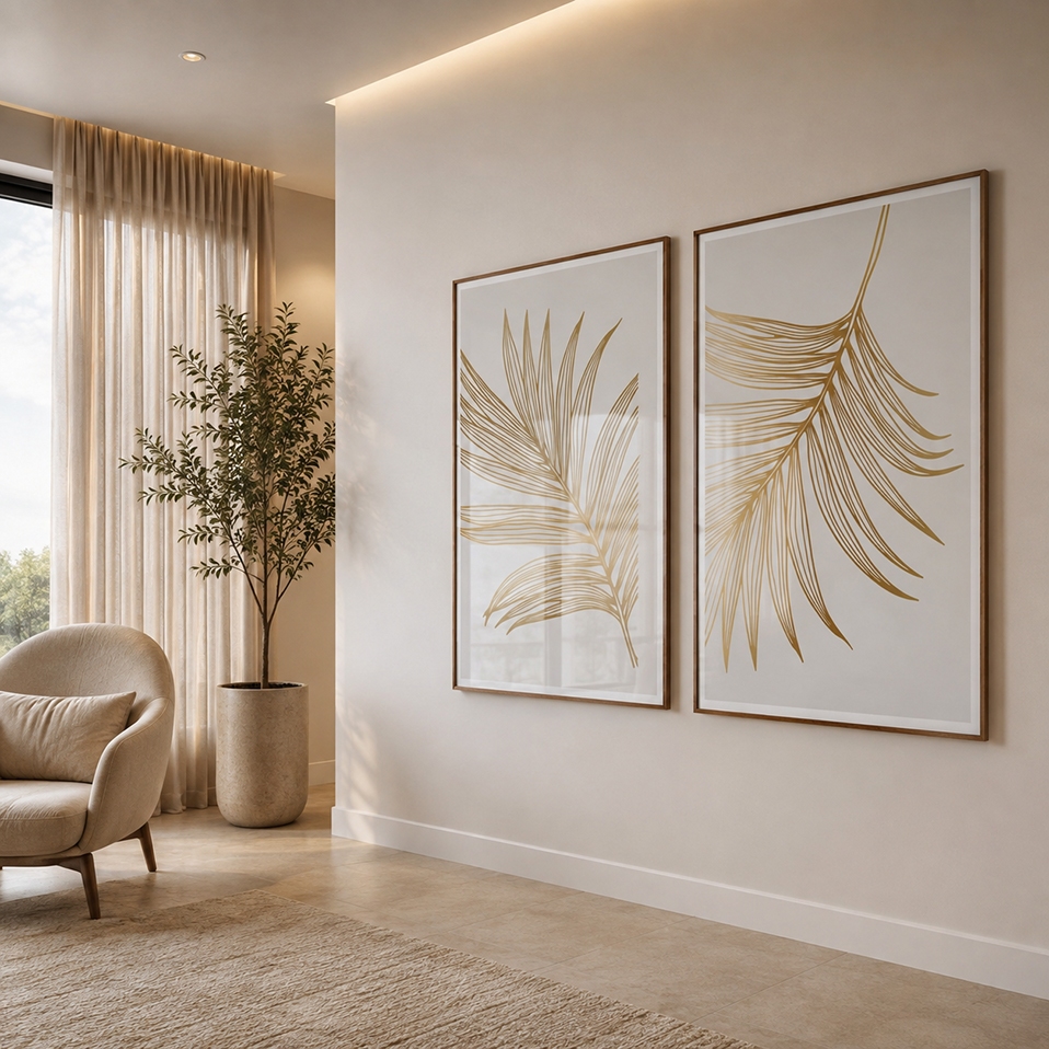 Quadro Decorativo Serenidade Dourada moldura Branca Com Vidro 50x75