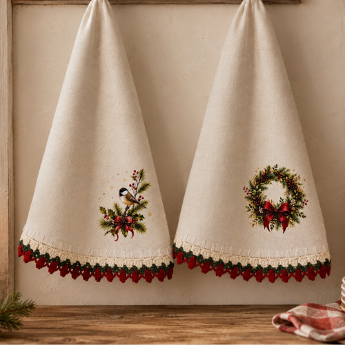 Panos de Prato Natalinos com Bico de Crochê Artesanal 2u Presente de Natal Decoração Cozinha