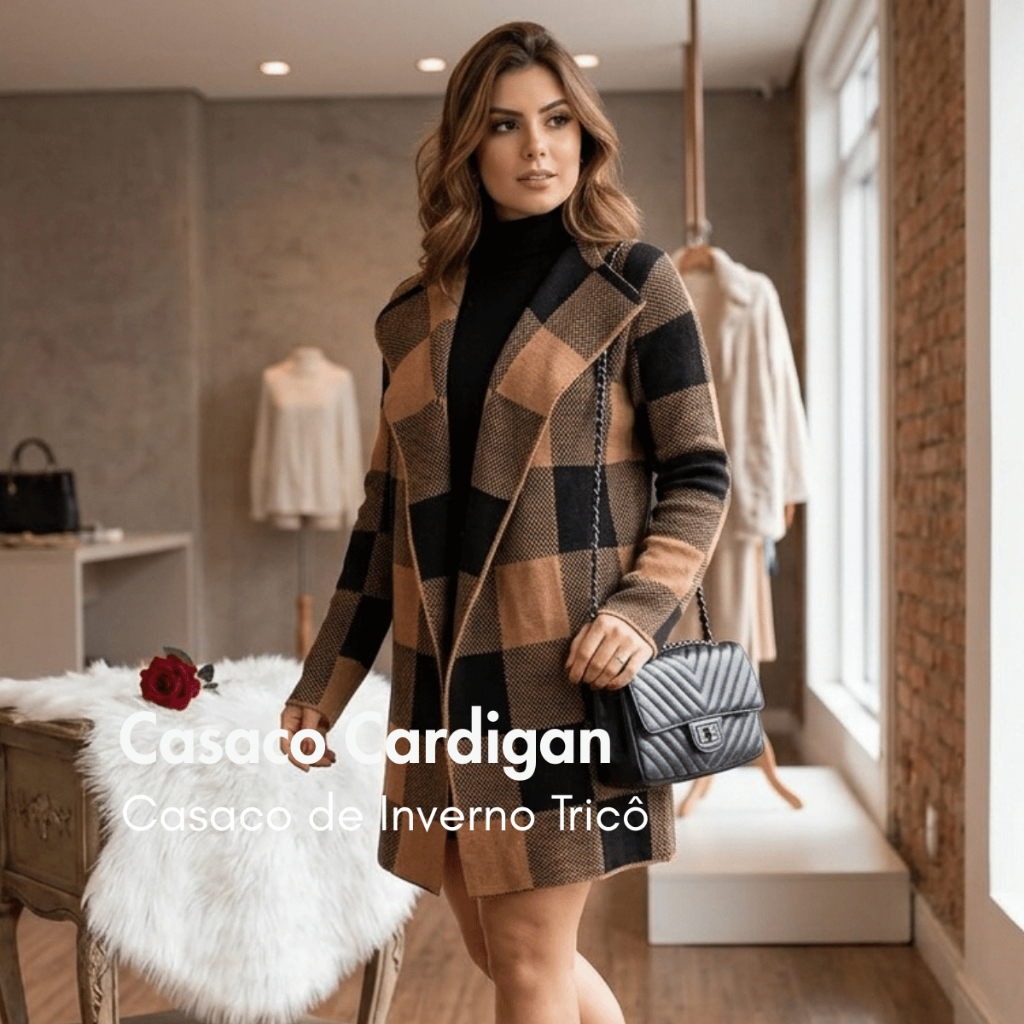 Kimono Casaco Feminino Cardigan Estampa Xadrez  Tricot blusa frio