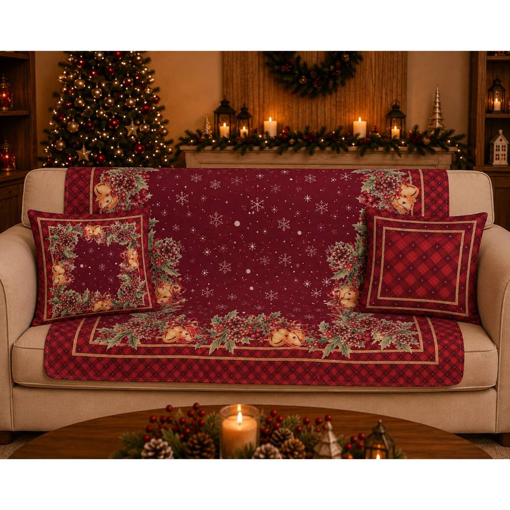 Kit Capa Xale De Sofa Natalino + 2 capas de almofadas com zíper 45 x 45 cm