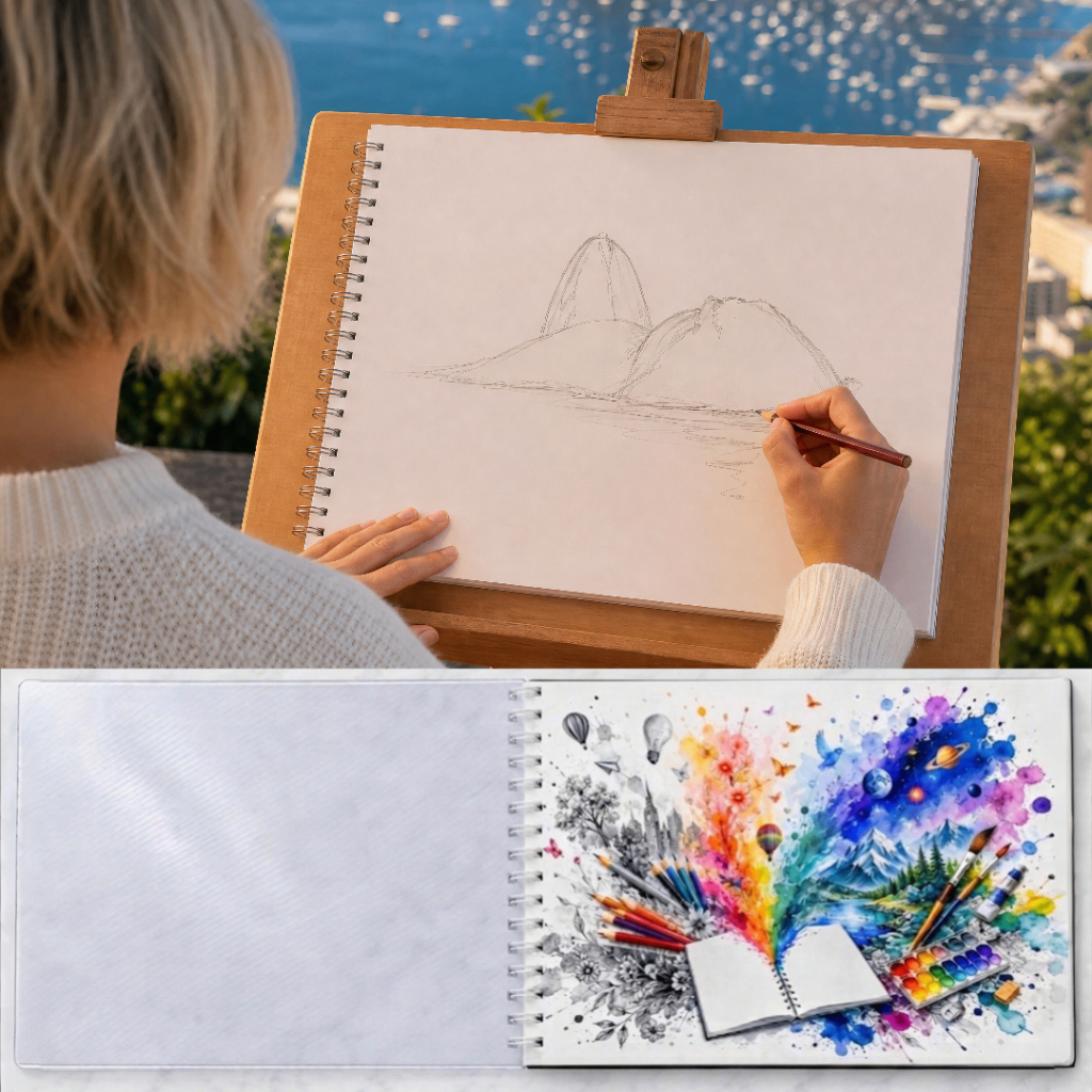 Caderno de Desenho Sketchbook Capa Clear maleável + Acetato | A6 A5 A4 | 50 Folhas 120gramatura
