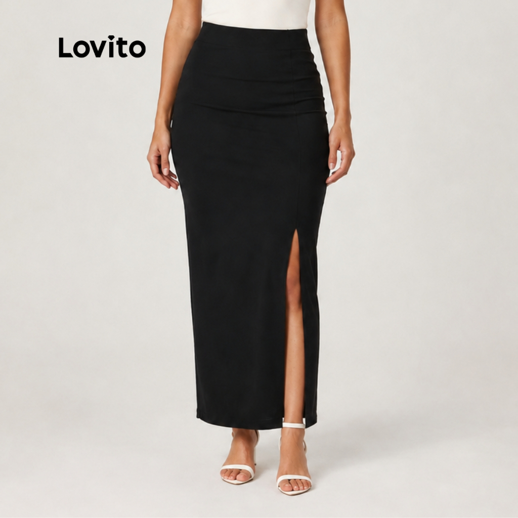 Lovito Saia Longa com Fenda Lateral Casual Preta Lisa Feminina BRSKB1094BRL1124